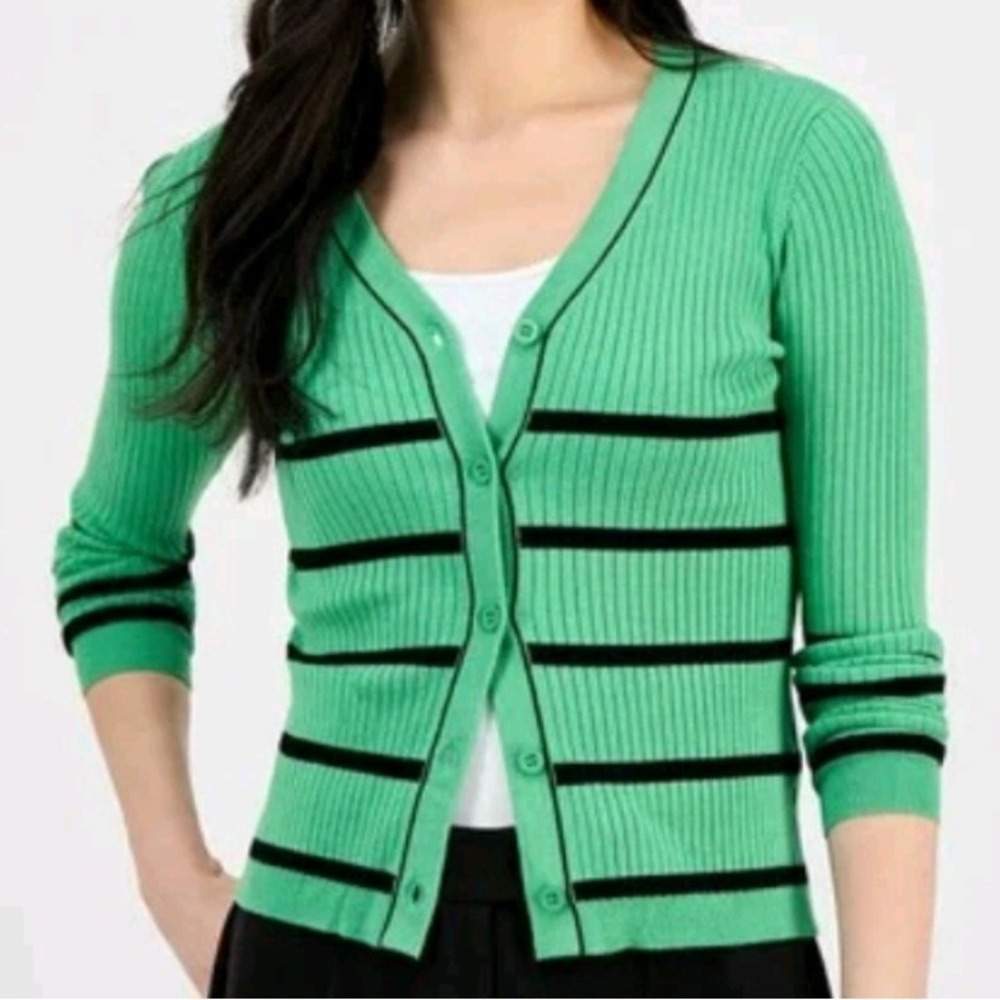 Tahari Button Front V Neck Green Leaf Black Striped Long Sleeve Cardigan Women S